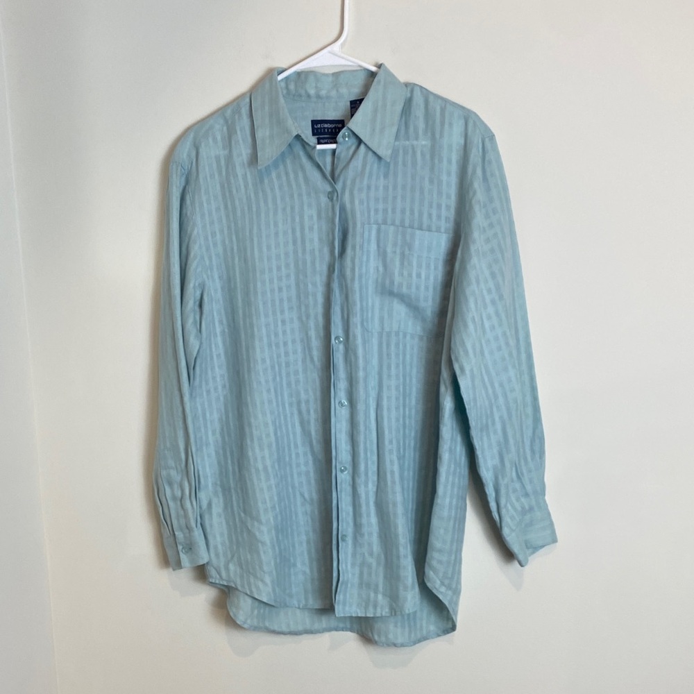 Vintage‎ Men's Irish Linen Seafoam Green Blue Button Up Long Sleeve  M L Casual